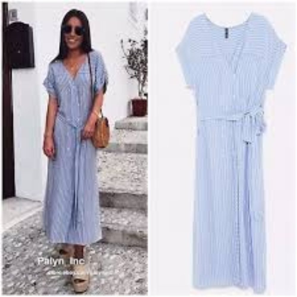 NWT ZARA MIDI V NECK SHIRT DRESS BLUE WHITE